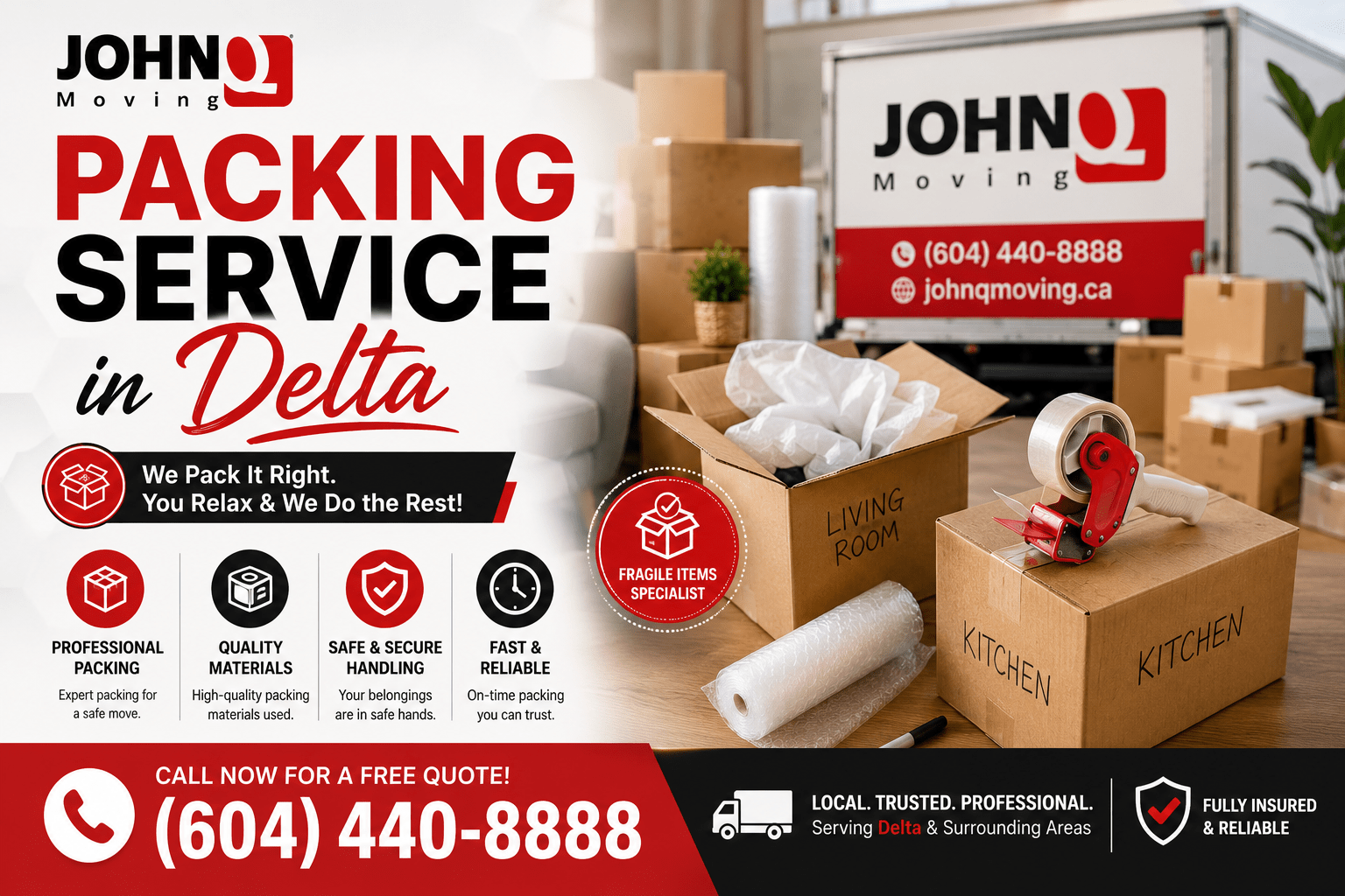 Professional packing service in Delta with movers carefully packing household furniture and fragile items for a safe move
